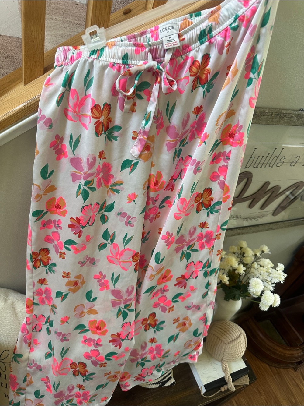 J. Crew Cream Lounge Pants with Pink & Green Floral Print